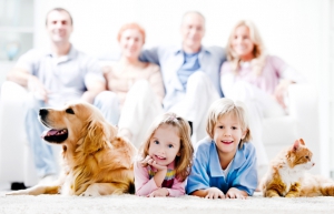 Cheerful family with pets.